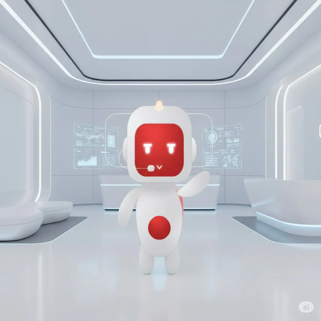 Bobo, a white and red service robot in a futuristic lobby