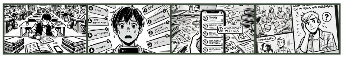 Storyboard of Tommy missing a meeting because chats are scattered