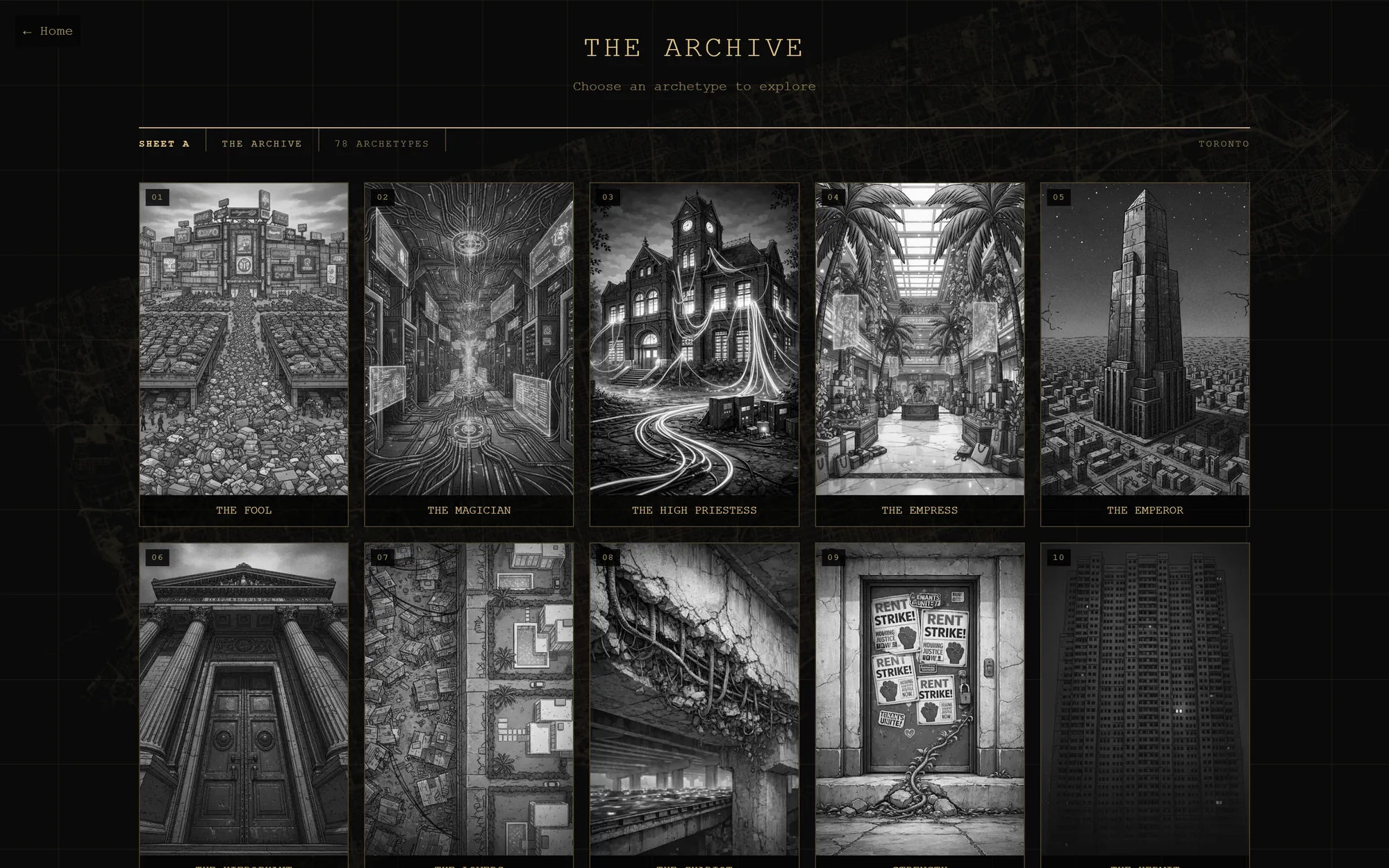 The archive: a numbered grid of archetype cards over the street network