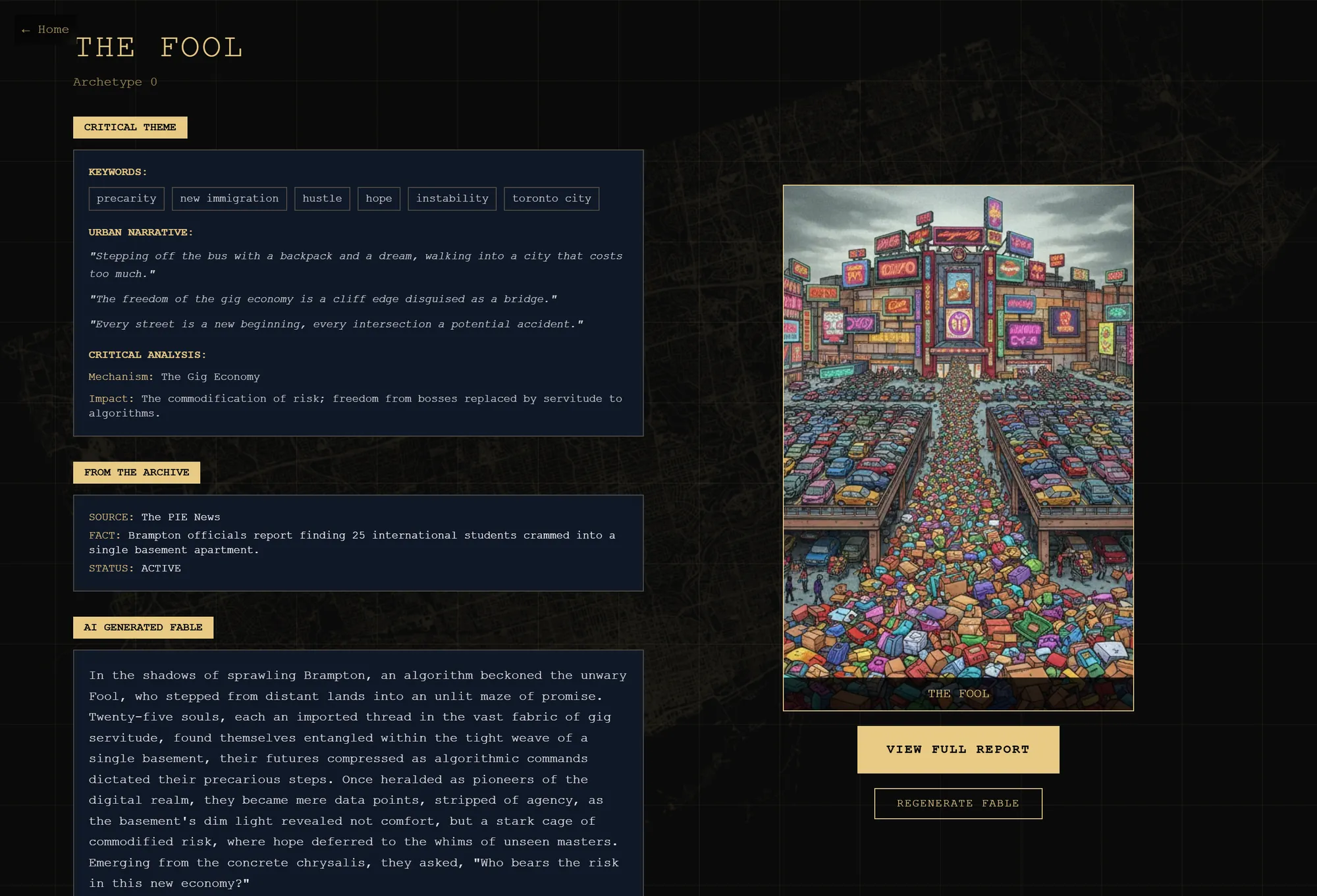 The Fool card page with critical theme, archive source and generated fable