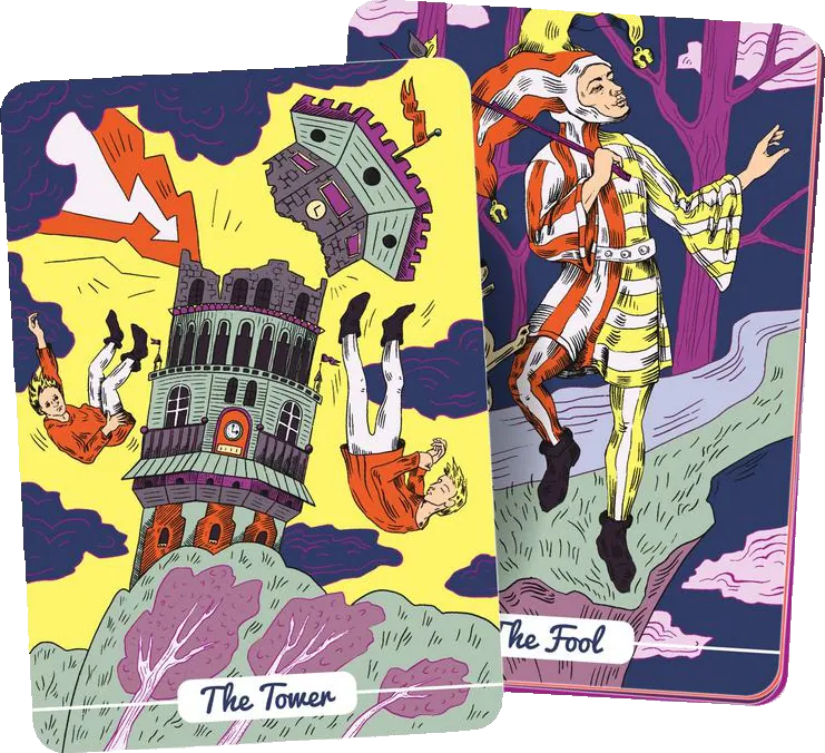 Illustrated The Tower and The Fool cards