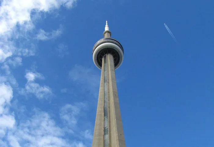 The CN Tower against a blue sky