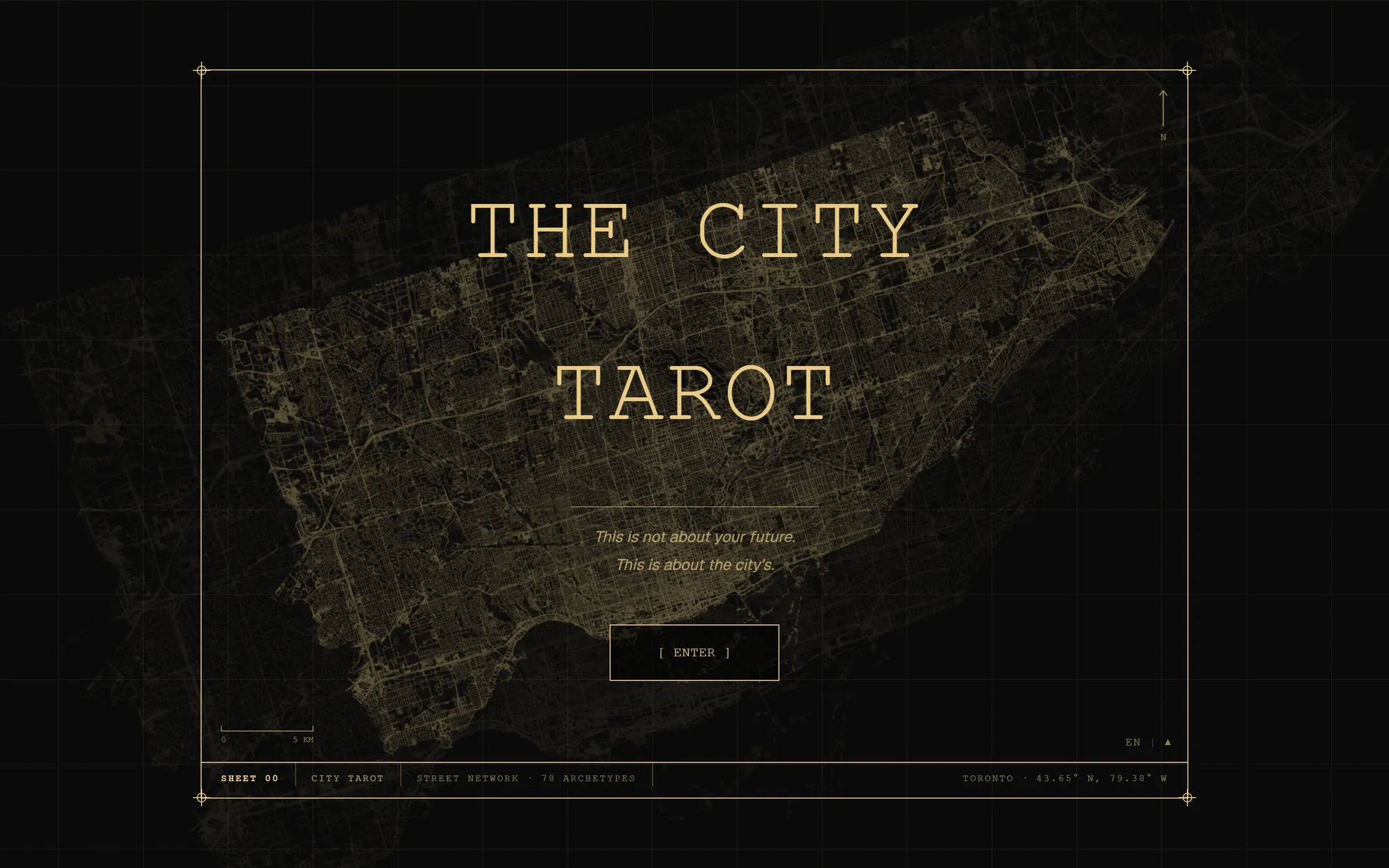 The City Tarot landing page: the title set over a gold street-network drawing of Toronto with registration marks and a title block
