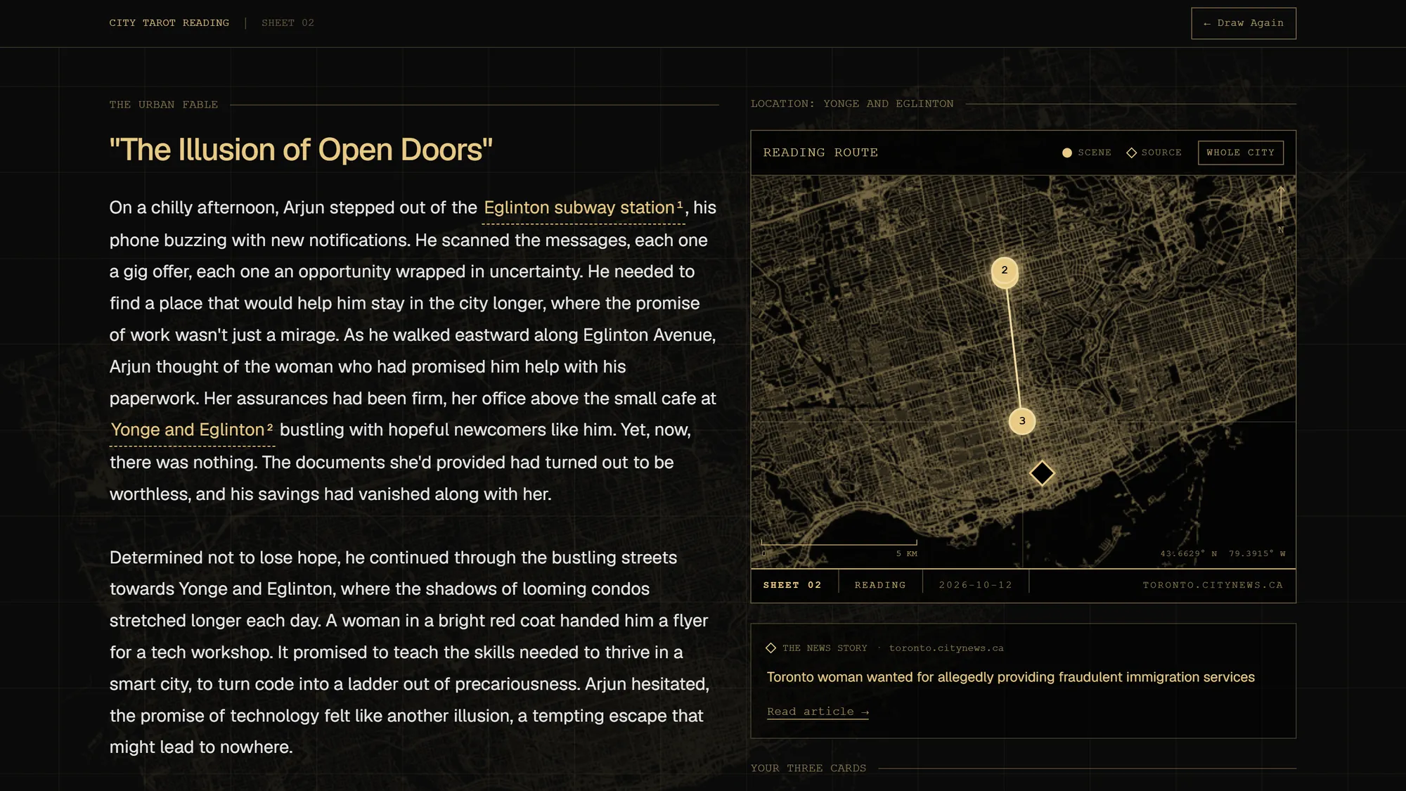 The City Tarot reading page: a fable beside a route drawn on Toronto’s street network