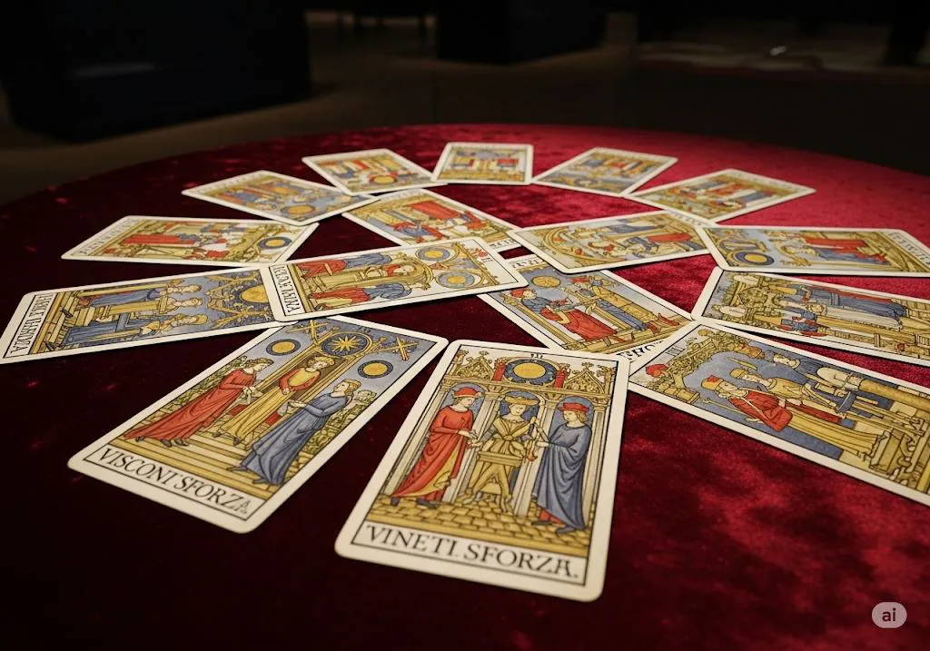 A spread of Tarot cards on red cloth