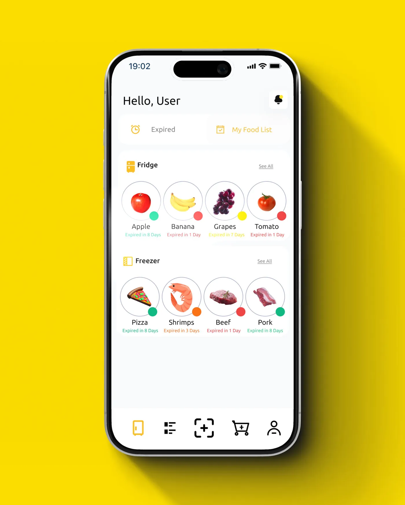 Fridge Genie dashboard on a phone against a yellow background