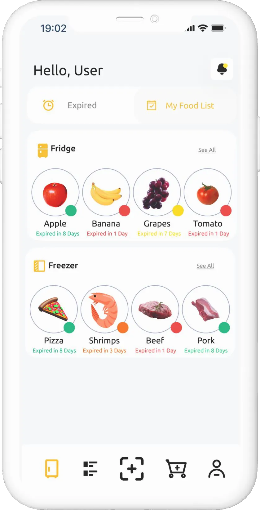 Dashboard screen with fridge and freezer items