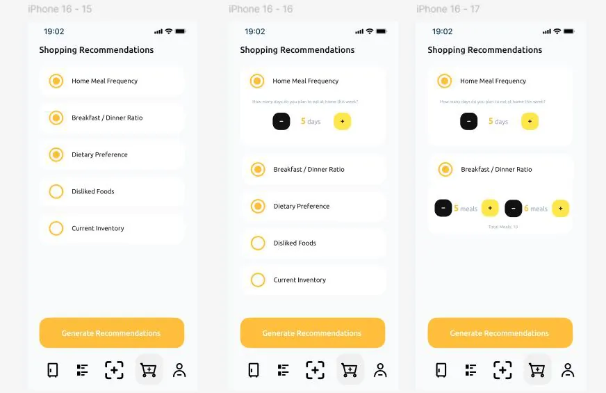Three wireframe screens of the shopping recommendation flow