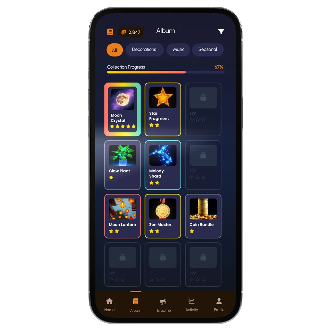 Album screen with collected rewards